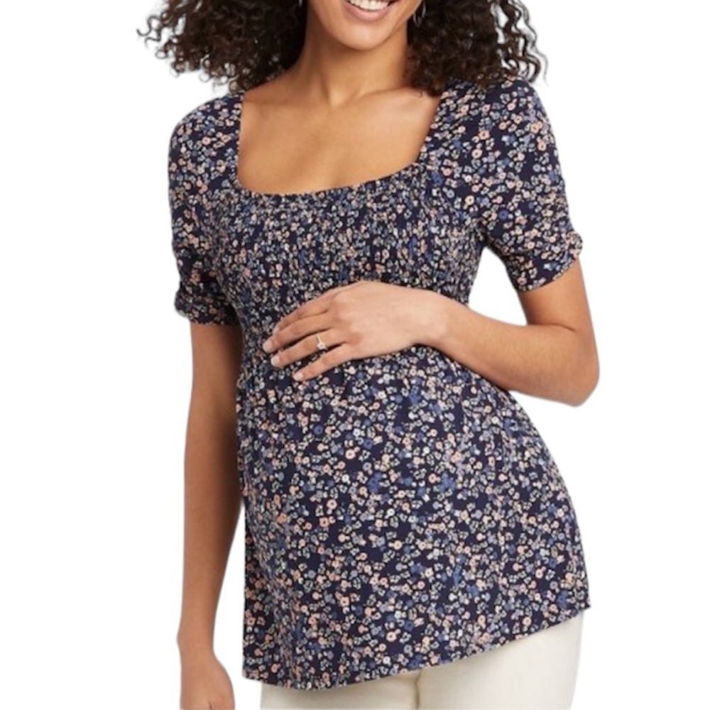 Isabel Maternity | Floral Smocked Maternity Short Sleeve Shirt Top